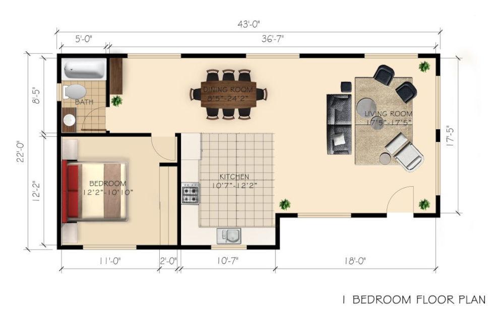 Garage Conversion, 2 Bedroom ADU in Los Angeles, 90002 (1000 sq. ft.) - Floor Plan (exploratory)
