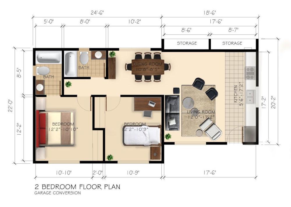 Garage Conversion, 2 Bedroom ADU in Los Angeles, 90002 (1000 sq. ft.) - Floor Plan (final)