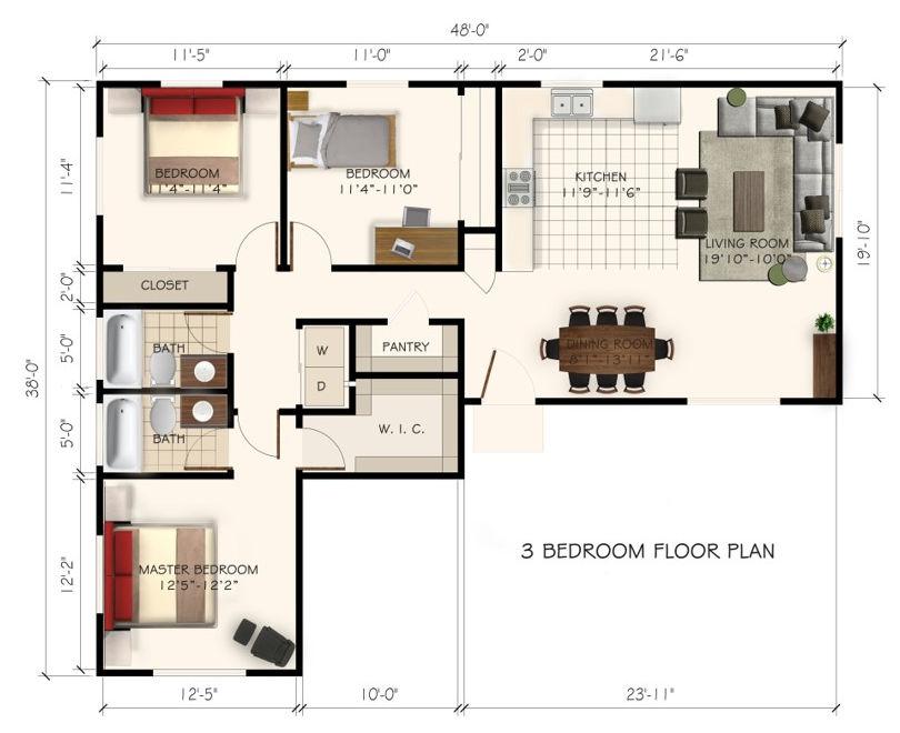 New Construction, 3 Bedroom ADU in North Hills, 91343 (1200 sq. ft.) - Floor Plan (final)