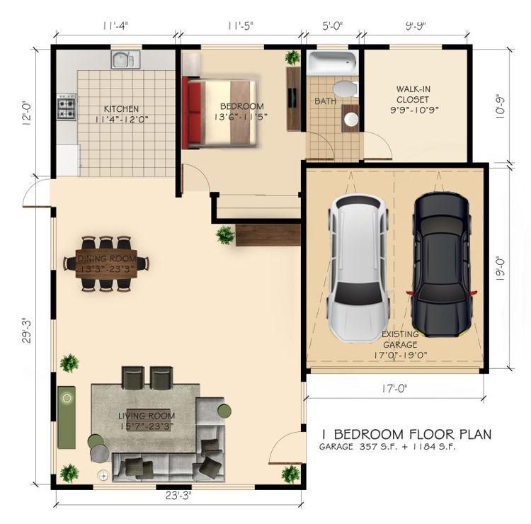 Garage Conversion, 2 Bedroom ADU in Van Nuys, 91406 (1200 sq. ft.) - Floor Plan (exploratory)