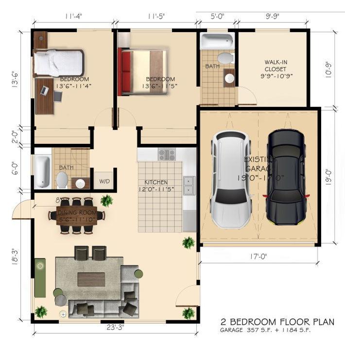 Garage Conversion, 2 Bedroom ADU in Van Nuys, 91406 (1200 sq. ft.) - Floor Plan (final)
