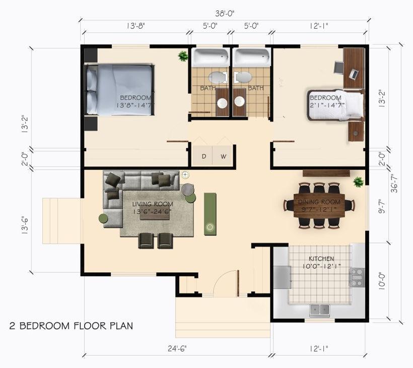 New Construction, 2 Bedroom ADU in Burbank, 91505 (1200 sq. ft.) - Floor Plan (final)