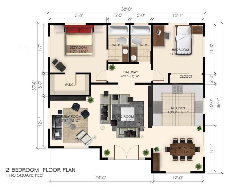 New Construction, 2 Bedroom ADU in North Hollywood, 91605 (1200 sq. ft.) - Floor Plan (final)