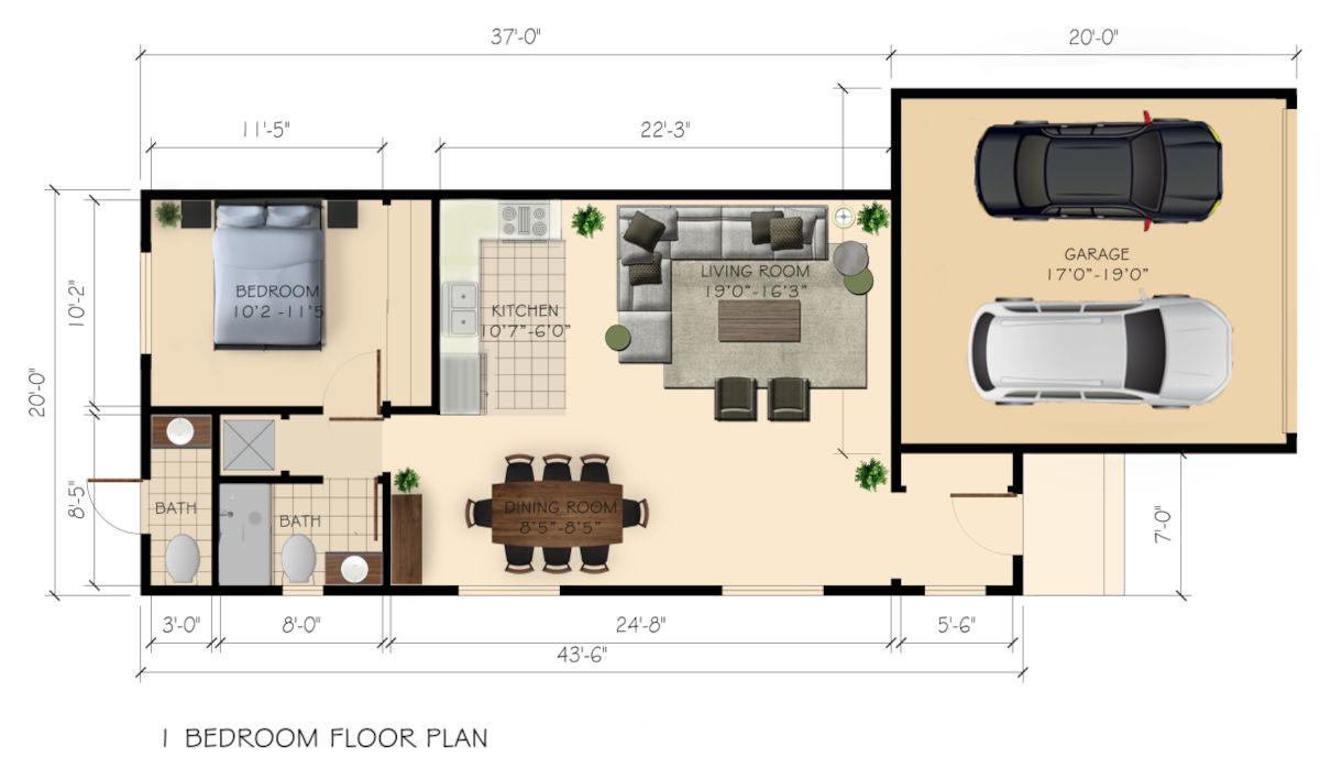 Garage Addition, 1 Bedroom ADU in Sun Valley, 91352 (800 sq. ft.) - Floor Plan (final)